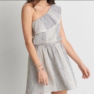 American Eagle Women XL Gray Stripe One Shoulder Elastic Waist Linen Blend Dress